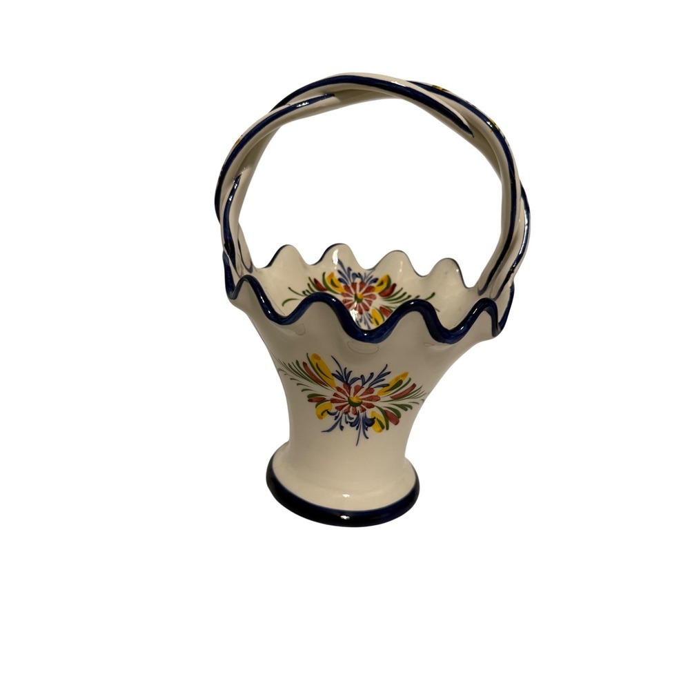 RCCL Portugal Hand Painted Ceramic Floral Basket Vase Twisted Handle Scalloped‎